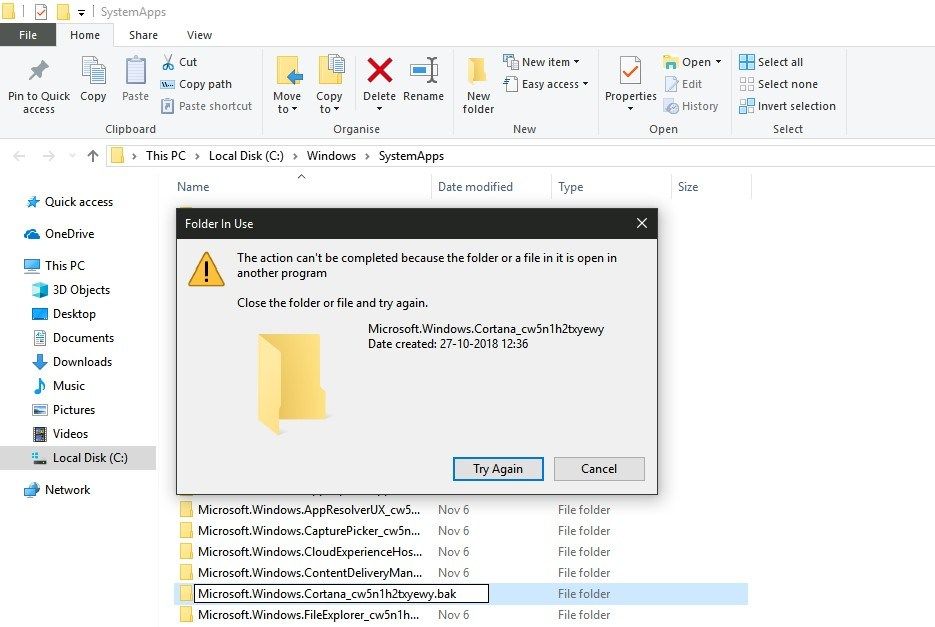 Папка Кортана в Windows 10